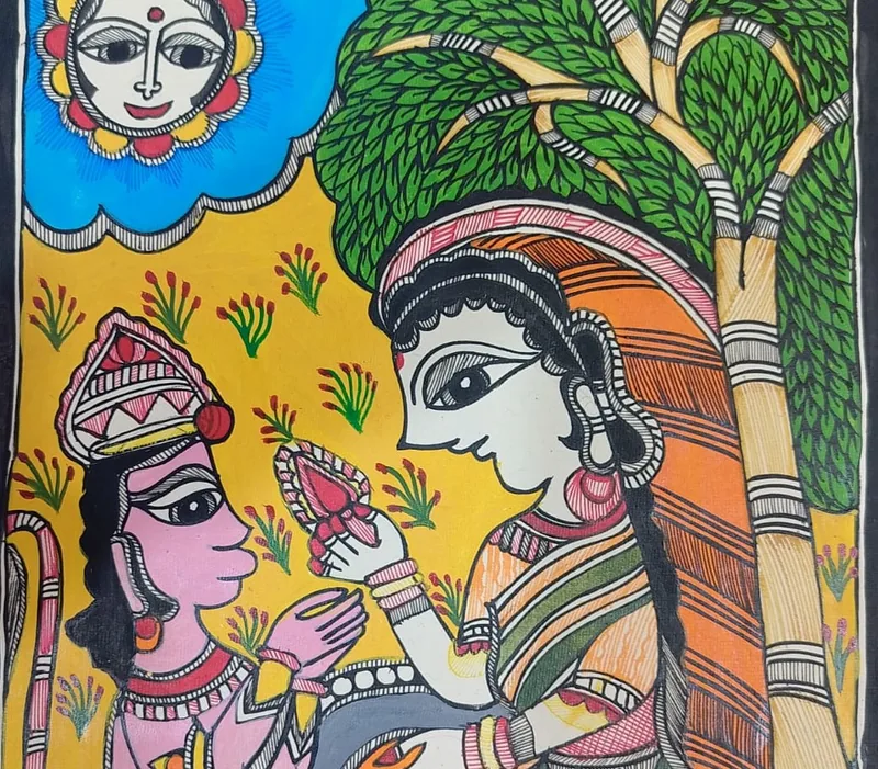 Ashok Vatika scene from the Ramayana.रामायणको अशोक वाटिका दृश्यलाई चित्रण गरेको छ।