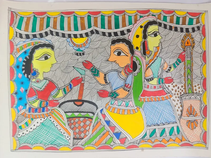 Three women in traditional attire preparing or serving food