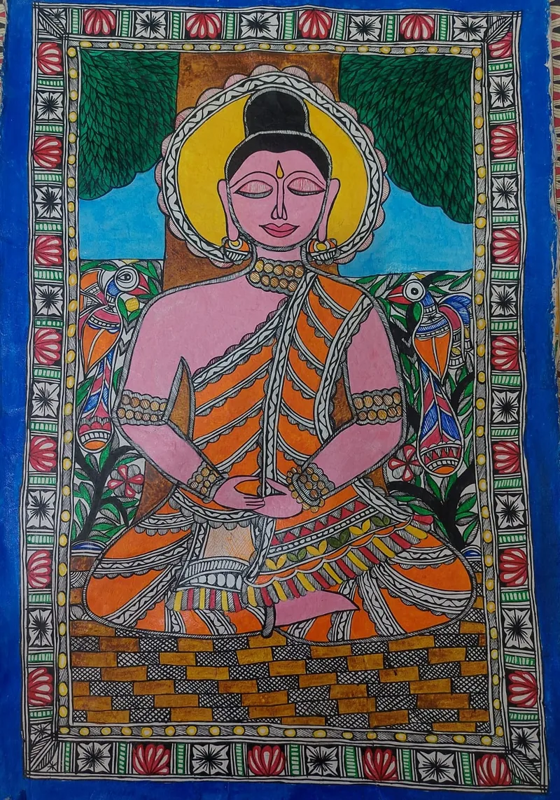 Mithila painting of a meditating Buddha figure