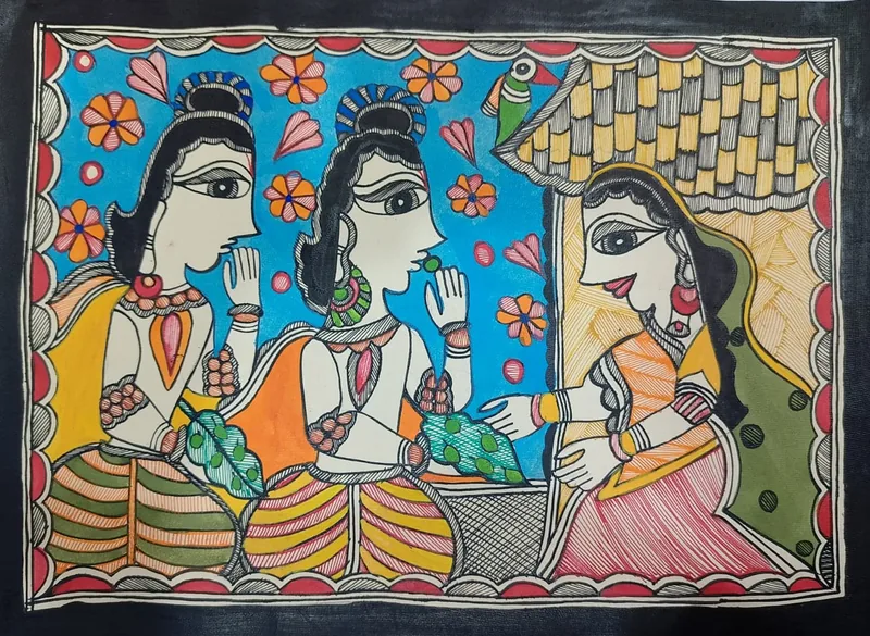 Mithila painting showing Shabari offering fruits to Lord Rama and Lakshmana.