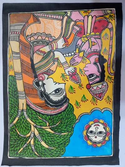 This is Mithila painting depicting the Ashok Vatika scene from the Ramayana.यो चित्र मिथिला चित्रकला हो जसले रामायणको अशोक वाटिका दृश्यलाई चित्रण गरेको छ।