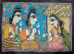 Mithila painting showing Shabari offering fruits to Lord Rama and Lakshmana. thumb 1
