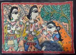 Mithila (Madhubani) painting showing Ahalya with Lord Ram and Lakshman.यो चित्रमा अहिल्या लाई राम र लक्ष्मणसँग देखाइएको छ। thumb 1